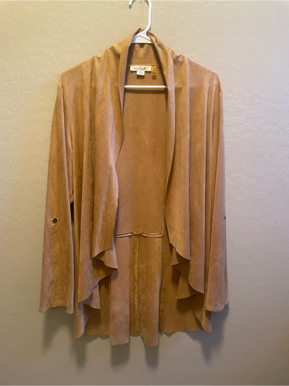 Simply Noelle Draped Open-Front Suede-Look Jacket in Light Brown